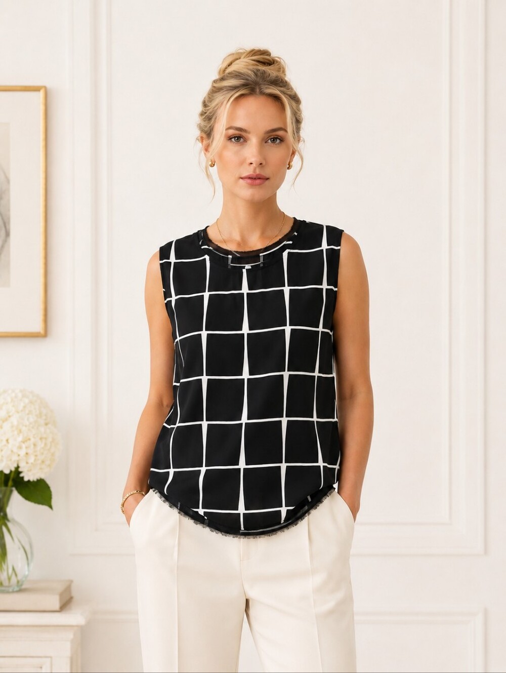 Who What Wear | Black White Grid Print Sleeveless Blouse | Size XXL